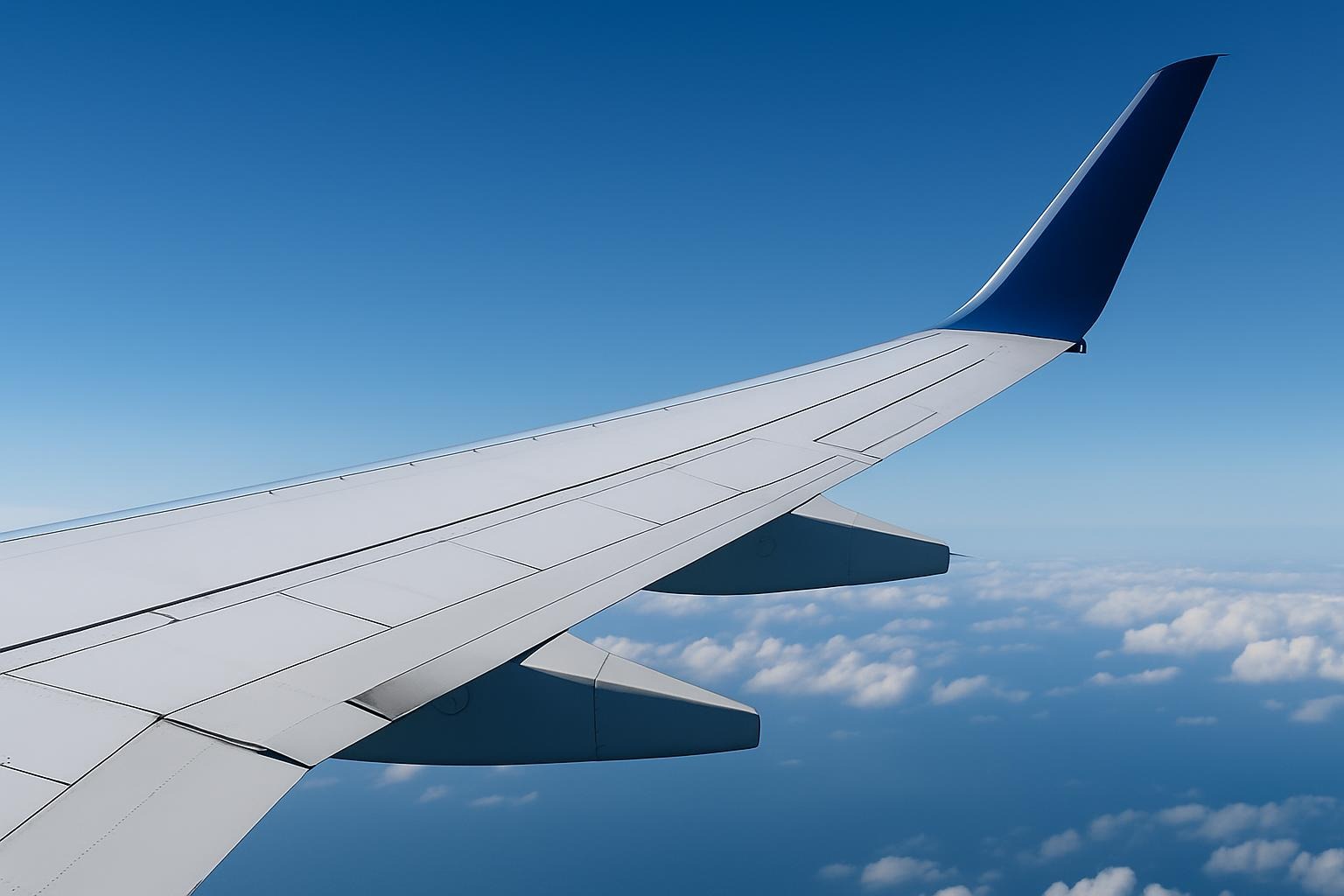 View from an airplane wing during flight, representing Viajando Com Geru's trips